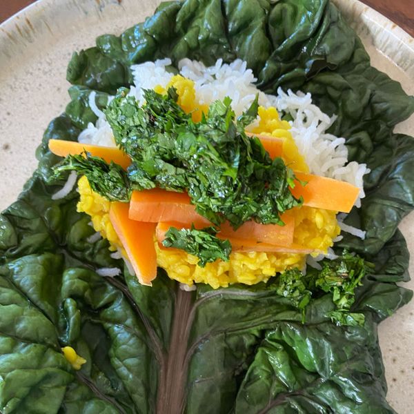 Comer el arroz siempre de la misma manera o preparar las hojas verdes sin variaciones puede volverse monótono. Sin embargo, algo tan simple como rellenar una hoja con arroz transforma por completo la textura y el sabor, convirtiéndolo en un plato más emocionante cuando se busca un cambio. El arroz cocinado con ghee y jengibre aporta energía estable y calor digestivo, mientras que las hojas verdes, ya sea acelga, lechuga o col, refrescan, limpian y ayudan a equilibrar el exceso de calor o pesadez interna. Este plato es una opción perfecta para los días cálidos, ya sea como comida acompañado de una sopita de verdura que construye y lentejas, como la crema de betabel o como cena fresca y balanceada junto a una sopa de lentejas. Es ideal en primavera y verano, cuando el cuerpo agradece preparaciones suaves, verdes y fáciles de digerir.